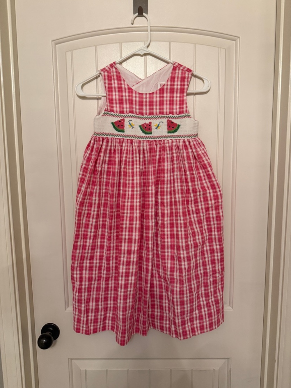 Girls' Pink Plaid Smocked Sundress with Watermelons